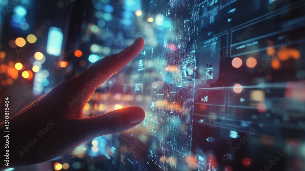Poster hand interacting with a futuristic virtual touch screen displaying big data analysis with a blurred 