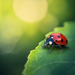 Fototapeta premium Ladybug Resting on a Green Leaf, a Macro Shot Capturing Nature's Beauty and Detail in a Serene and Peaceful Setting.