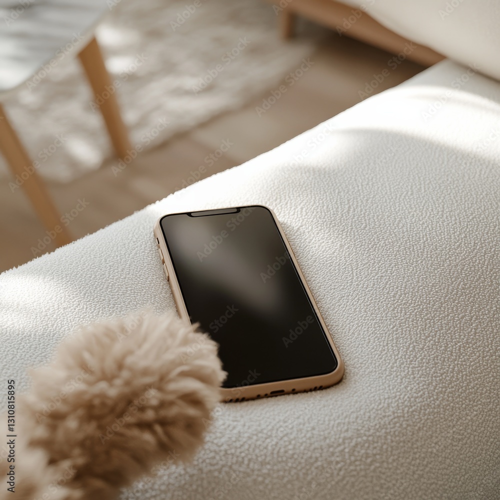 Poster phone resting on textured surface with fluffy decor, illuminated by sunlight in minimalist setting