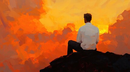 Fototapeta premium Dramatic summer sunset portrait of a man sitting on a rock nature gigapixel standard scale outdoor serene visual