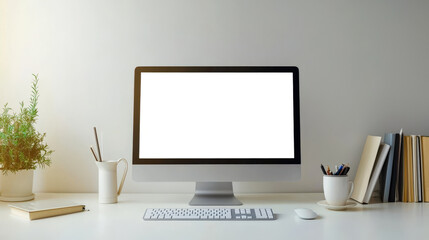 On the table there is a stylish modern computer monitor, keyboard, mouse and a green potted plant, etc. A mockup of a personal computer screen. The concept of productivity and focus