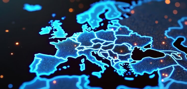 Digital glowing Europe map with blue contours on black background represents EU network, european union connectivity, data transfer, cyber technology, information exchange in european countries.