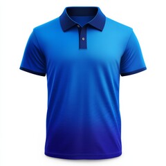 Stylish Blue Gradient Polo Shirt with Button Closure and Dark Blue Collar on White Background.