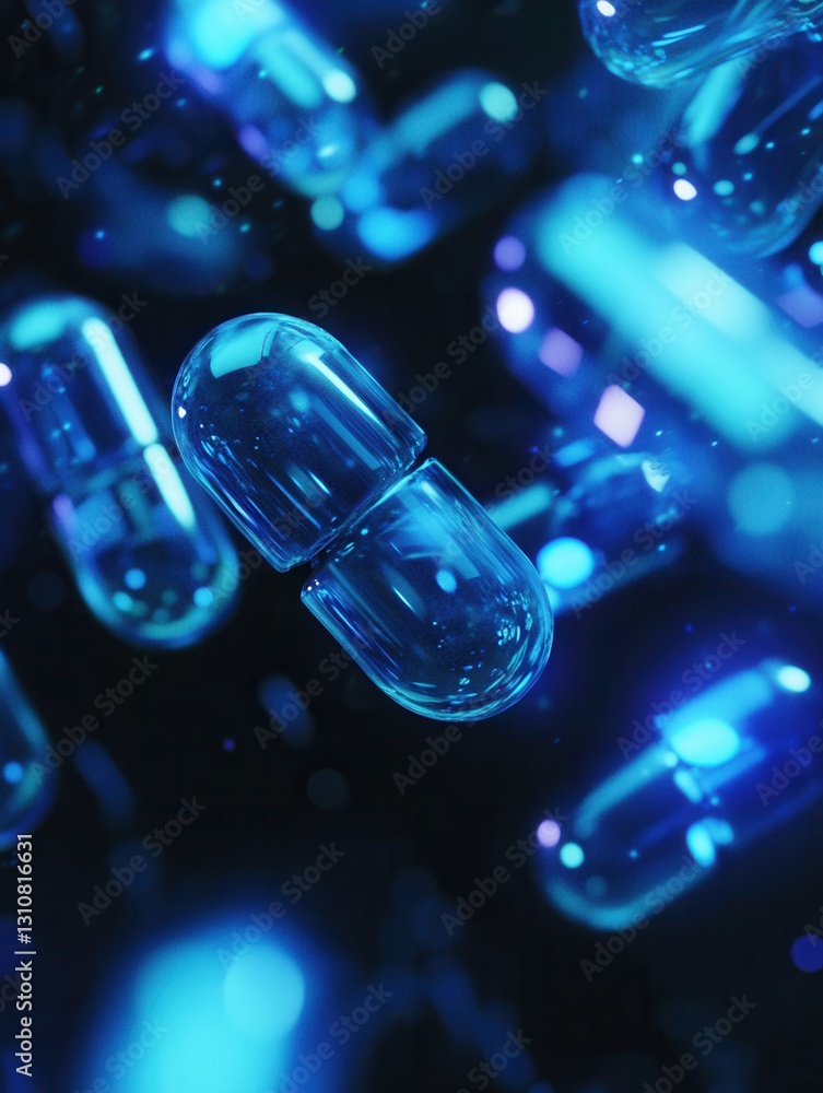 Poster glowing capsules in a dark environment showcasing abstract medical design with a digital futuristic 