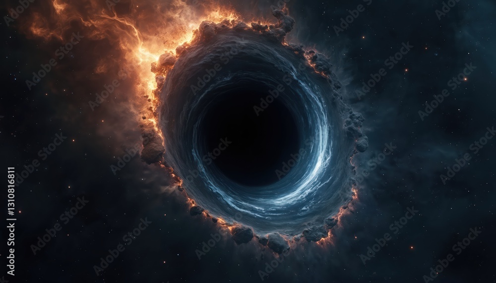 Poster ai generated image of black hole in open space with glowing orange and blue cloud textures. bending 
