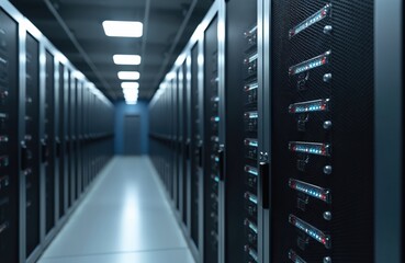 Servers rows in big datacenter. Web hosting, cloud service, hardware support. Computer equipment, rack server datum. Modern technology, equipment, room, business, database, hosting, hardware, audio,