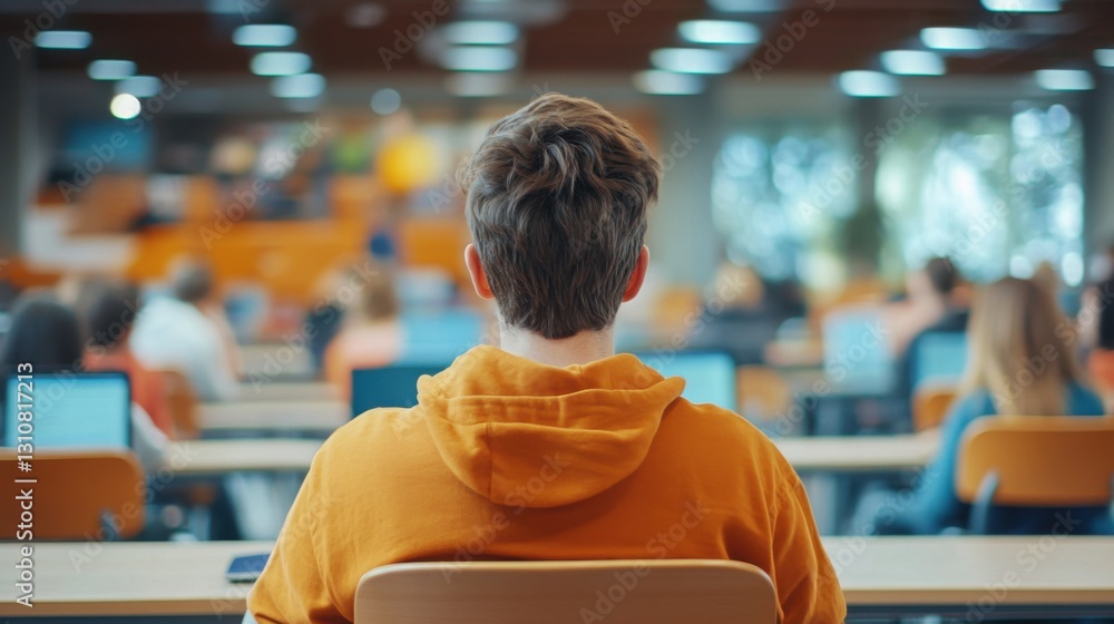 Poster student in a university lecture hall