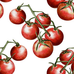 Watercolor seamless pattern with clusters of ripe tomatoes on a white background. Ideal for packaging, textiles, menu design, wallpaper and kitchen decor.
