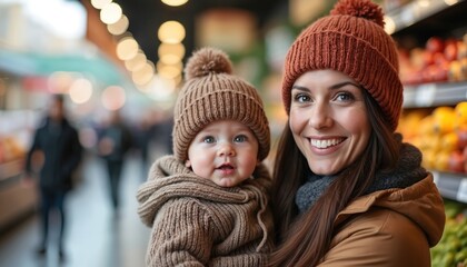 Obraz premium Young woman, baby in winter hats at supermarket. Mother and child shopping. Mom holds baby, chooses healthy food. Family buys veggies fruits. Nurturing parenthood lifestyle. Bonding, retail concept.