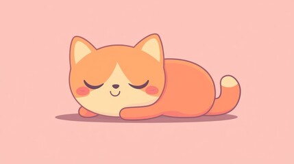 A cartoon cat is resting on a soft pink background