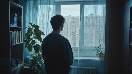 man looking out window at cityscape