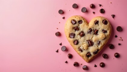 Top view of heart shaped chocolate chip cookie on pink background. Cookies, chocolate chips crumbs scattered around. Sweet baked love gift for Valentines Day. Treats, sweets for celebrating romantic