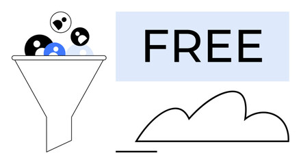 Funnel processing user icons to represent sorting, inclusion of cloud storage and FREE label. Ideal for marketing, lead generation, data processing, cloud solutions, access plans, technology