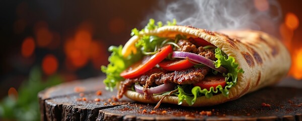 Close-up of grilled shawarma sandwich with beef, chicken, lettuce, tomatoes, onion. Hot, ready-to-eat fast food on wooden board. Commercial menu ad with copy space. Tasty dish.