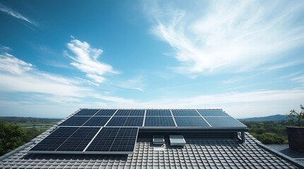 Obraz premium Aerial Perspective Of Solar Panels On A Rooftop, Showcasing Sustainable Energy Solutions Against A Backdrop Of Rolling Hills And A Wispy Blue Sky