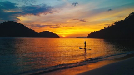 stunning sunset paddleboarding scene in tropical paradise