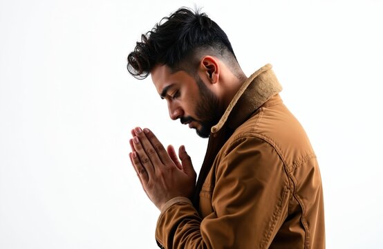 Young Latin man praying isolated on white background. Devotee with folded hands, hopes for best. Faith, spirituality, meditation, religion, worship concept. Belief in better future. Person in brown