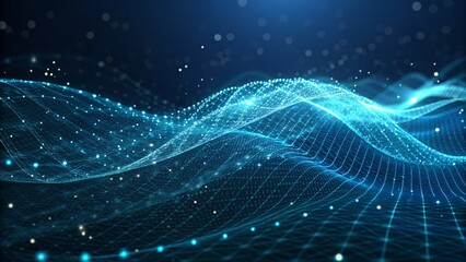 An abstract digital wave pattern in blue tones, featuring glowing particles and a grid, creating a sense of movement and depth.
