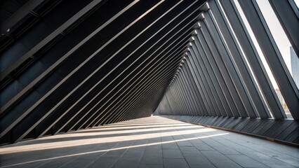 Obraz premium A modern architectural space featuring sharp angles and dramatic light, creating a striking visual interplay of shadows and lines.