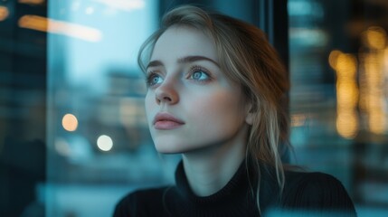 young woman looking out window at night