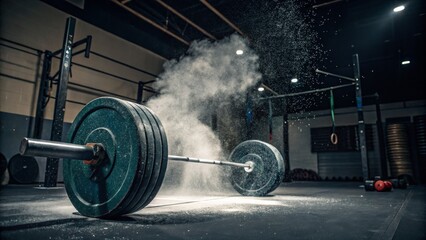 A heavy barbell rests on a gym floor, surrounded by a cloud of chalk dust, capturing the intensity of strength training and the atmosphere of a fitness environment.