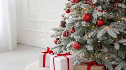 A beautifully decorated Christmas tree adorned with red ornaments and surrounded by gifts, creating a festive and cozy holiday atmosphere.