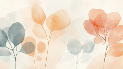 A mesmerizing watercolor artwork showcasing abstract botanical elements, painted in dreamy pastel shades