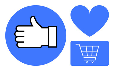 Hand gesture, heart shape, and cart graphic emphasize satisfaction, love, and commerce. Ideal for e-commerce, branding, customer loyalty, digital marketing shopping platforms social media flat