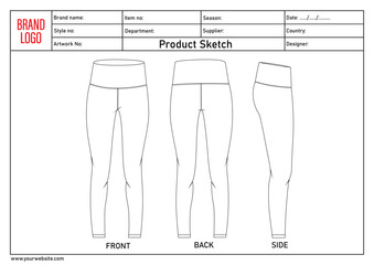 legging pant technical drawing fashion flat sketch vector illustration template for ladies with tech pack details