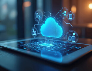 Digital tablet displays cloud computing icon connected to IoT devices. Represents smart tech, data storage, wireless communication. Innovation for business strategy, efficiency, connectivity,