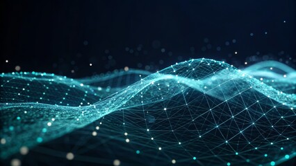 Obraz premium A digital representation of flowing waves made of interconnected lines and dots, symbolizing data movement and technology.