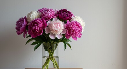 A stunning bouquet of pink, white, and magenta peonies arranged in a clear glass vase, exuding elegance and freshness against a soft, neutral background.
