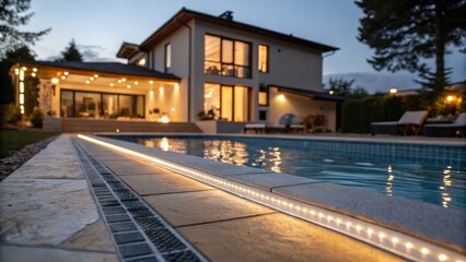 Obraz premium A modern house with a pool is illuminated at dusk, showcasing a serene outdoor space with stylish lighting and a welcoming ambiance.