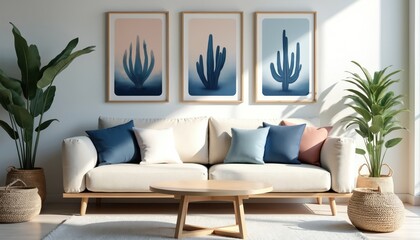 Bright living room with beige sofa, colorful pillows, potted plants. Wall art featuring cactus prints. Round coffee table, sunlight from window. Minimalist, scandinavian design. Home decor with