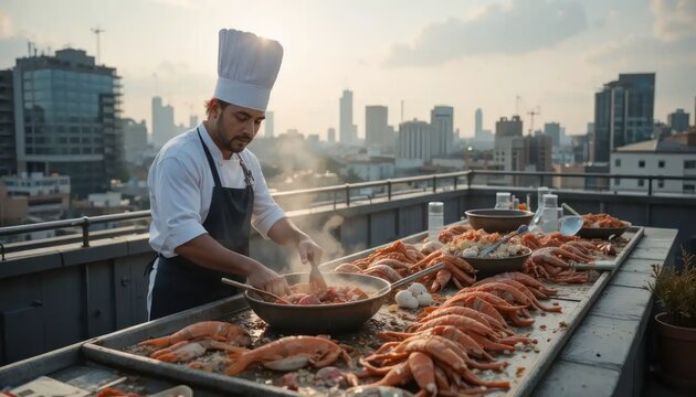 Rooftop Culinary Delights: A Chef's Urban Seafood Masterpiece