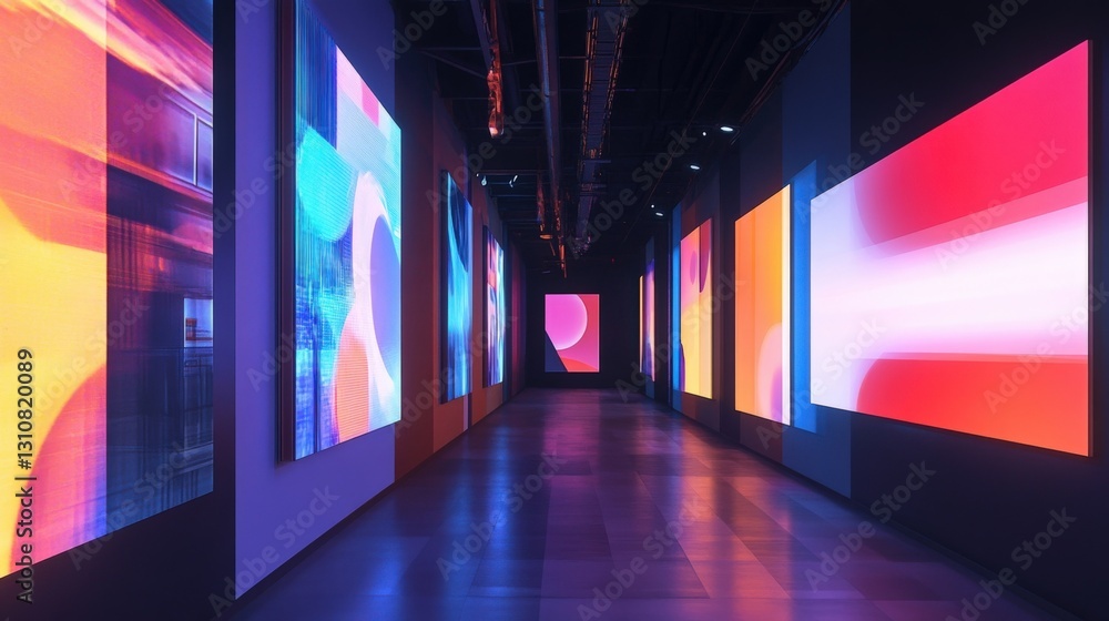 Aufkleber an illuminated wall featuring a series of abstract art pieces in bold hues contrasting with the clea