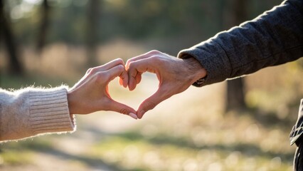 Two hands form a heart shape in a serene, outdoor setting, symbolizing love and connection.