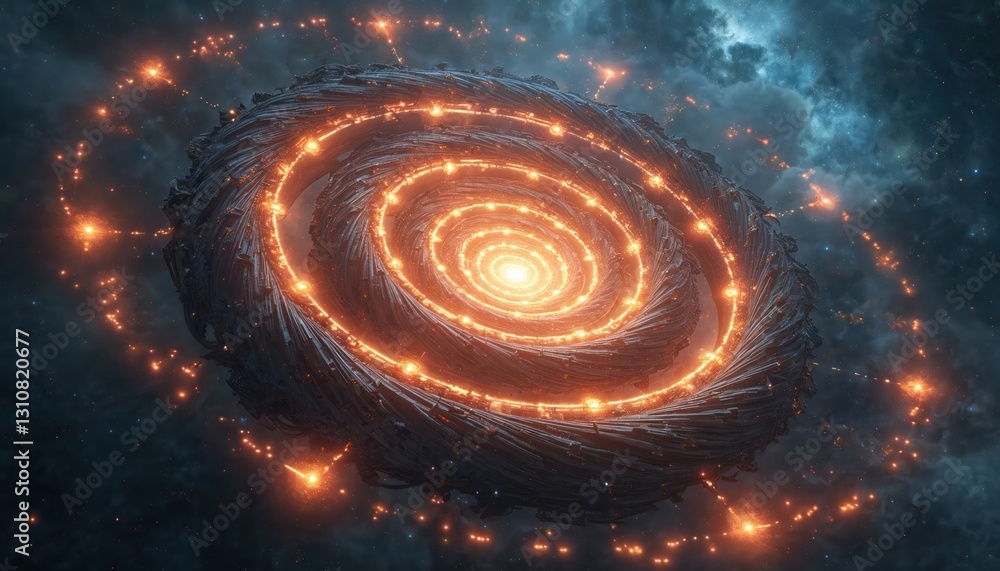 Aufkleber glowing lights in starry sky photo. circular cosmic structure orbits in space. abstract futuristic a