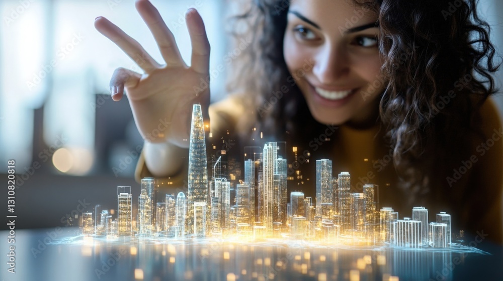 Poster smiling female architect interacting with a holographic augmented reality 3d projection of a smart c