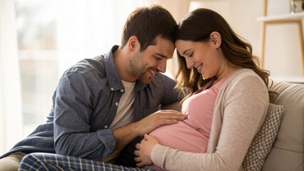 Fototapeta premium A couple shares a tender moment as they embrace the joys of impending parenthood, with the woman cradling her pregnant belly.