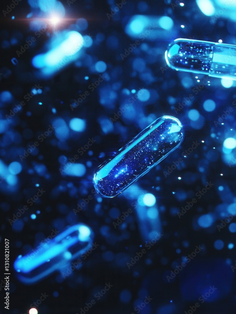 Aufkleber glowing capsules emit soft blue light in a dark environment, creating an abstract futuristic medical