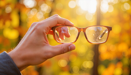 Hand holding glasses in autumn sunlight