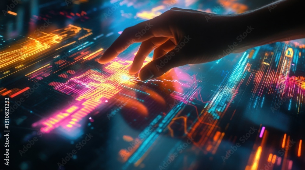 Poster businessman using interactive holographic digital display analyzing glowing futuristic charts and gr