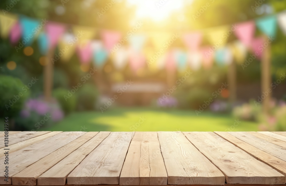 Poster empty rustic wooden table foreground with blurred garden party background. summer picnic with colorf