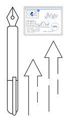 Fountain pen symbolizing creativity, upward arrows for progress, and analytics dashboard for data insights. Ideal for growth, innovation, strategy, analytics, creativity, productivity business