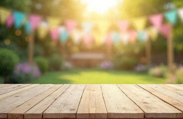 Empty rustic wooden table foreground with blurred garden party background. Summer picnic with colorful garland, sun flare. Kitchen bar counter surface. Wood board space for food product presentation.