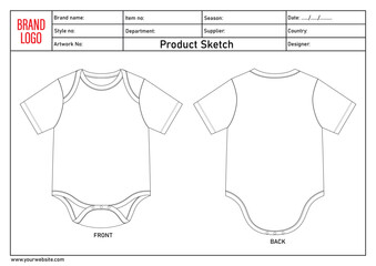 Romper bodysuit technical drawing fashion flat sketch vector illustration template with tech pack details