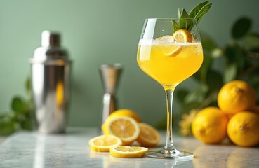 Limoncello spritz cocktail of liqueur, sparkling wine, lemon in glass. Refreshing homemade yellow beverage with bubbles, ice, lemon slices. Fruit drink on bar table with ingredients and equipment.