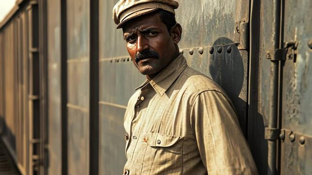 A thoughtful railway worker posing near a vintage train.