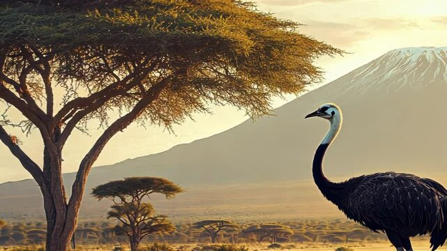 An ostrich stands near a tree against a majestic mountain backdrop.